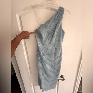 Aidan Mattox Blue Asymmetrical Ruched Sheath Dress